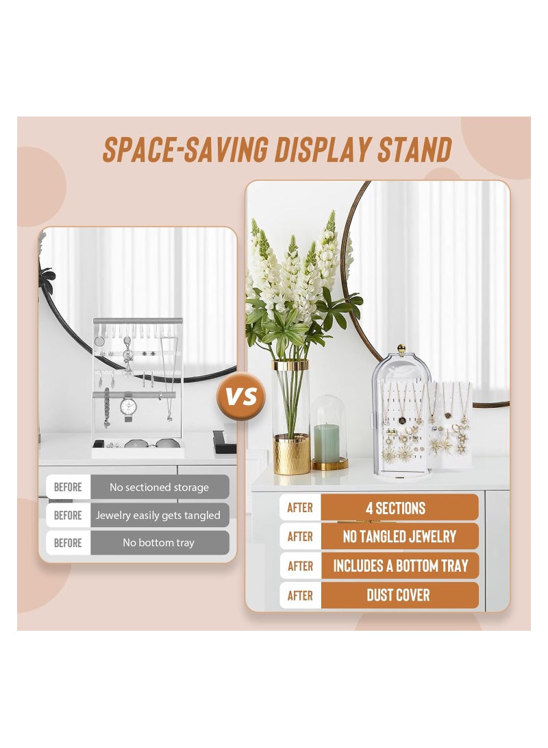 Jewelry Holder Organizer Rotating Jewelry Boxes & Organizers, 4 Sections with Bottom Tray, Jewelry Organizer for Necklaces, Bracelets, Earrings, Rings (White)