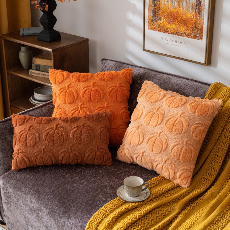Cosibono Pumpkin Fall Decorative Convative Convels 18 "" X18 "مجموعة من 2 أغطية وسادة الفراء الناعمة الفاتحة من الذهب الفاتح لحصاد الخريف فخم ، حالات وسادة لأريكة الأريكة المزرعة - Image 5