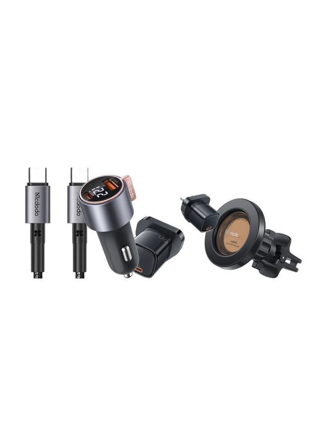 Mcdodo 75W Digital Display PD Fast Car Charger (1C+1A) & Mcdodo Nano 20W USB-C PD Fast Charger (UK Plug) & Mcdodo 65W PD Fast Charging Cable (USB-C to C) 1.5m & Mcdodo Magnetic Car Mount for Phone (360° Rotation, Strong Adhesion)Bundle - Image 1