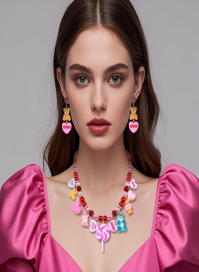 بودرير قلادة عيد الحب للنساء من بوديرير، قلادة تشوكر على شكل مصاصة على شكل قلب حلوى متعدد الطبقات، قلادة من خرز لؤلؤ هيشي، أقراط على شكل قلب حلوى، هدايا عيد الحب لها (النمط ج) - Image 2