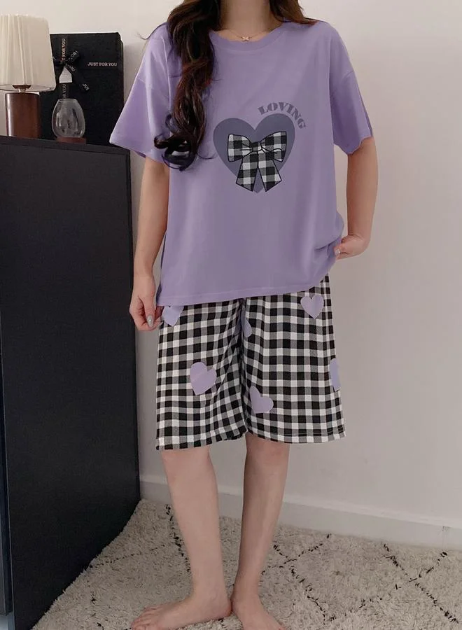 Take Two Purple Heart Print Round Neck T-Shirt and Checked Shorts Set for Women | Best Price UAE