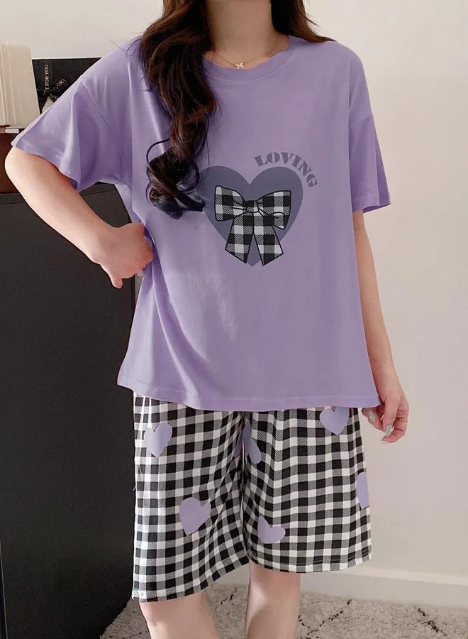 Take Two Purple Heart Print Round Neck T-Shirt and Checked Shorts Set for Women | Best Price UAE