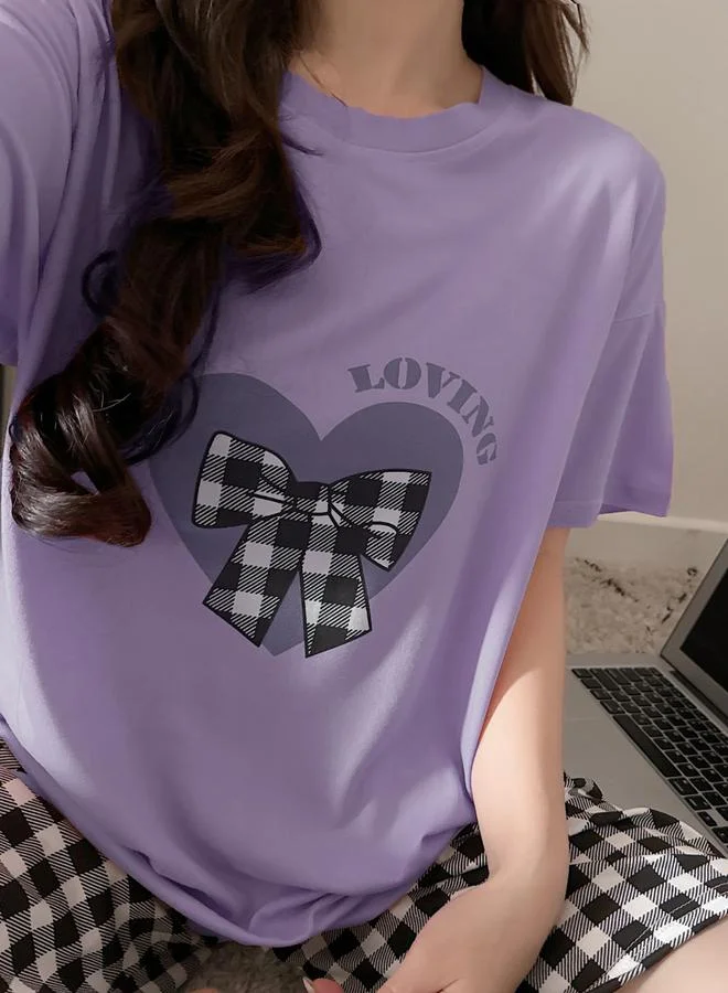 تايك تو مجموعة من شورت كاروهات وتيشيرت بياقة دائرية وطبعة قلب