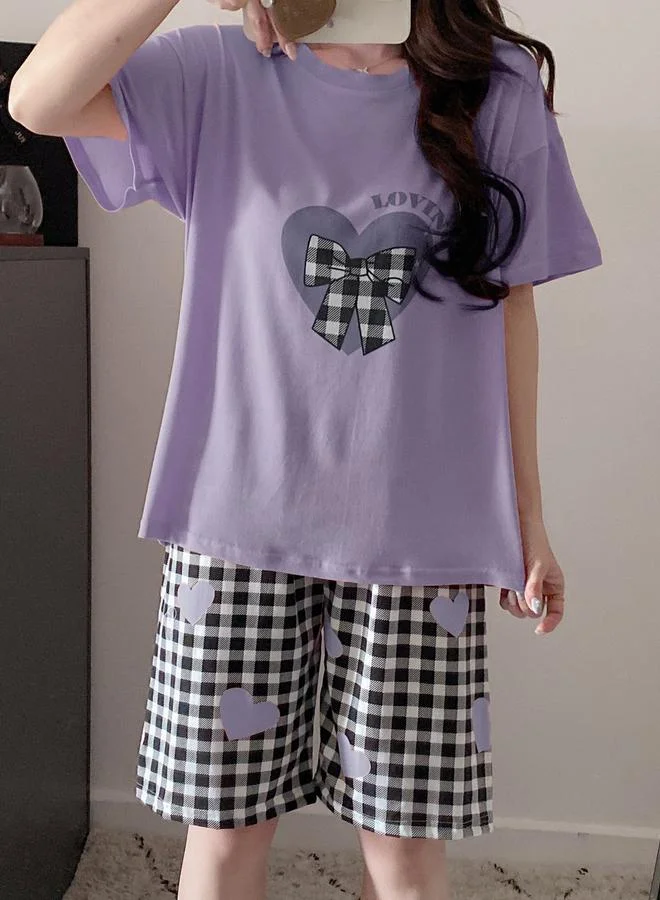 Take Two Purple Heart Print Round Neck T-Shirt and Checked Shorts Set for Women | Best Price UAE
