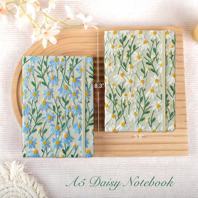 ipoul A5 Notebook, Flower Journal, Embroidered Notebook, 8"x6", Hardcover, Lay Flat, Lined, Wide Ruled Paper, Personalized Notebook, Pretty Journal, Daisy Gifts for Women, Blue, with Elastic Band - Image 2