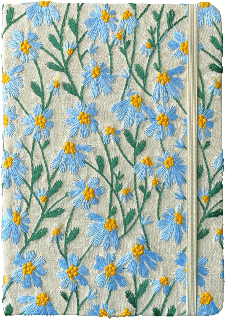 ipoul A5 Notebook, Flower Journal, Embroidered Notebook, 8"x6", Hardcover, Lay Flat, Lined, Wide Ruled Paper, Personalized Notebook, Pretty Journal, Daisy Gifts for Women, Blue, with Elastic Band - Image 1