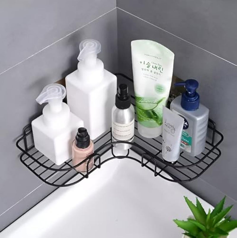 Homeor Multipurpose Self Adhesive Corner Shelf for Bathroom/Kitchen Wall Mounted Rack Shelf Shower Caddy with Magic Sticker Bathroom Organizer Without Drill, Pack of 1, Black Powder Coated - Image 4
