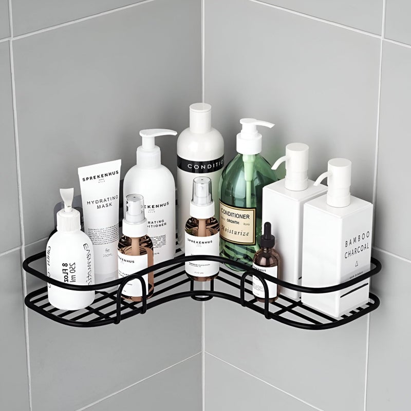 Homeor Multipurpose Self Adhesive Corner Shelf for Bathroom/Kitchen Wall Mounted Rack Shelf Shower Caddy with Magic Sticker Bathroom Organizer Without Drill, Pack of 1, Black Powder Coated - Image 1