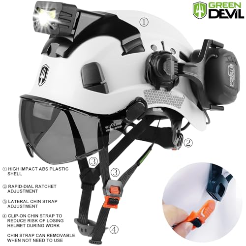 GREEN DEVIL Hard Hat Safety Helmet with Visor Bluetooth Ear Muffs and Headlamp 5 in 1 Full Protection Vented Work Hardhat ANSI Z89.1 Cascos De Construccion for Industrial Construction Forestry - Image 5