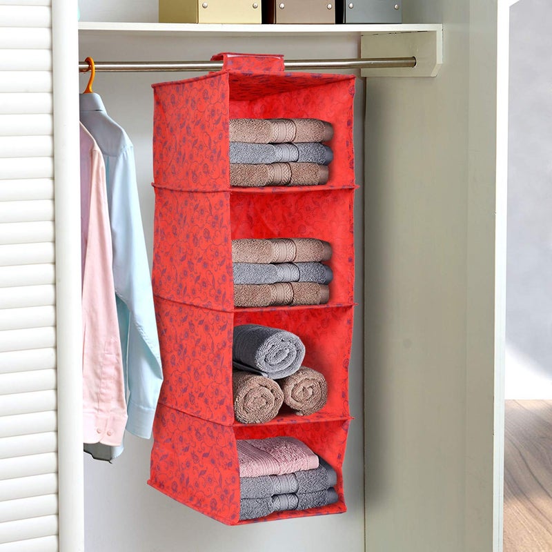 Kuber Industries Metalic Floral Print Non Woven Hanging 4 Shelves Foldable WardrobeCloset Cloth Organizer RedKUBMART1164 Standard - Image 1