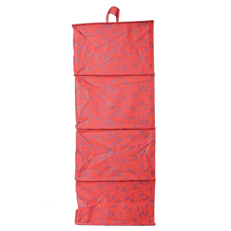 Kuber Industries Metalic Floral Print Non Woven Hanging 4 Shelves Foldable WardrobeCloset Cloth Organizer RedKUBMART1164 Standard - Image 4