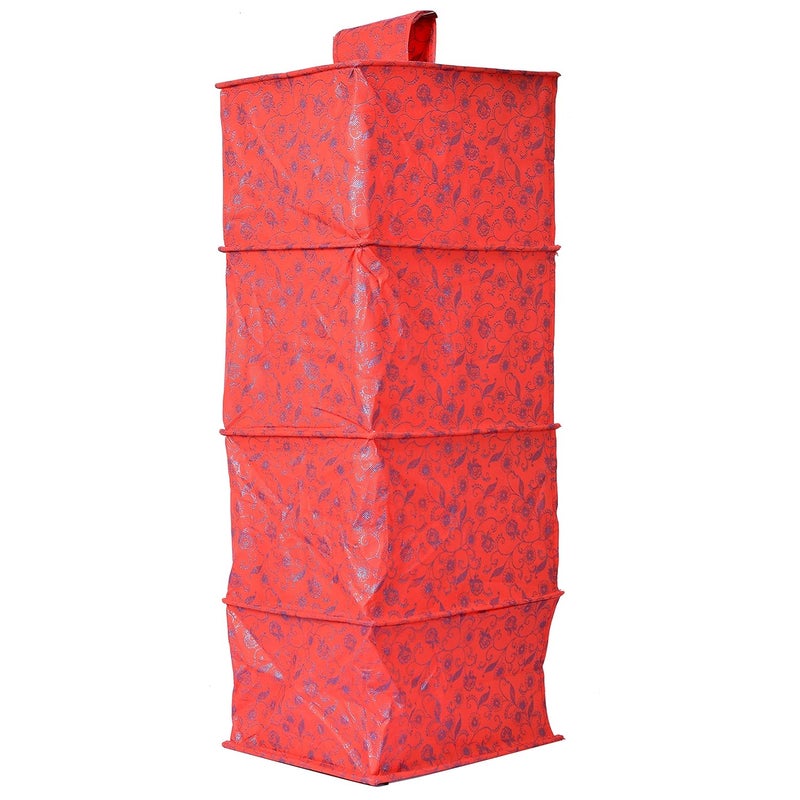 Kuber Industries Metalic Floral Print Non Woven Hanging 4 Shelves Foldable WardrobeCloset Cloth Organizer RedKUBMART1164 Standard - Image 5