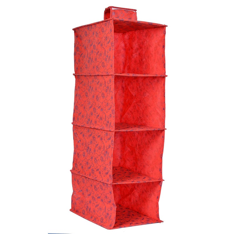 Kuber Industries Metalic Floral Print Non Woven Hanging 4 Shelves Foldable WardrobeCloset Cloth Organizer RedKUBMART1164 Standard - Image 3