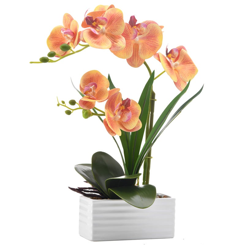 FuleHouzz Artificial Real Touch Orchid Flowers in Pot Fake Phalaenopsis Flower with White Ceramic Vase Faux Orchids Arrangement for Home Table Office Wedding Party Decoration Orange