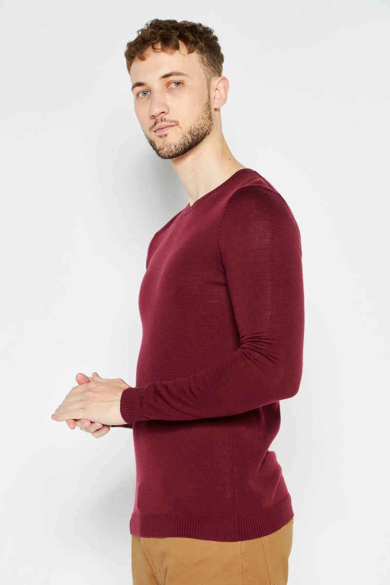 Asos Design Men Crew Neck Long Sleeve Solid Sweater, Burgundy - Image 3