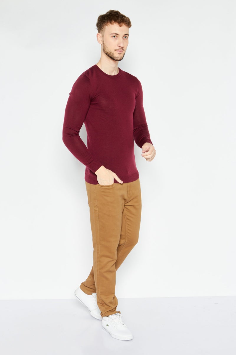 Asos Design Men Crew Neck Long Sleeve Solid Sweater, Burgundy - Image 2