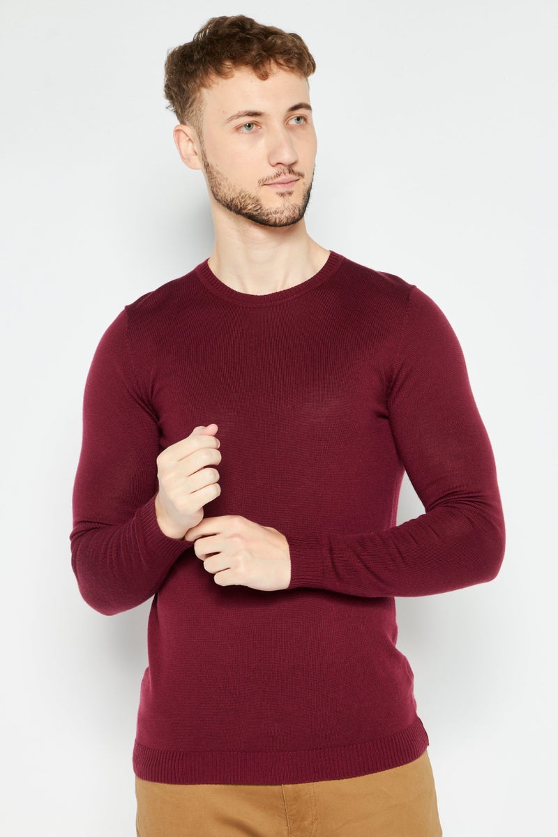 Asos Design Men Crew Neck Long Sleeve Solid Sweater, Burgundy - Image 1