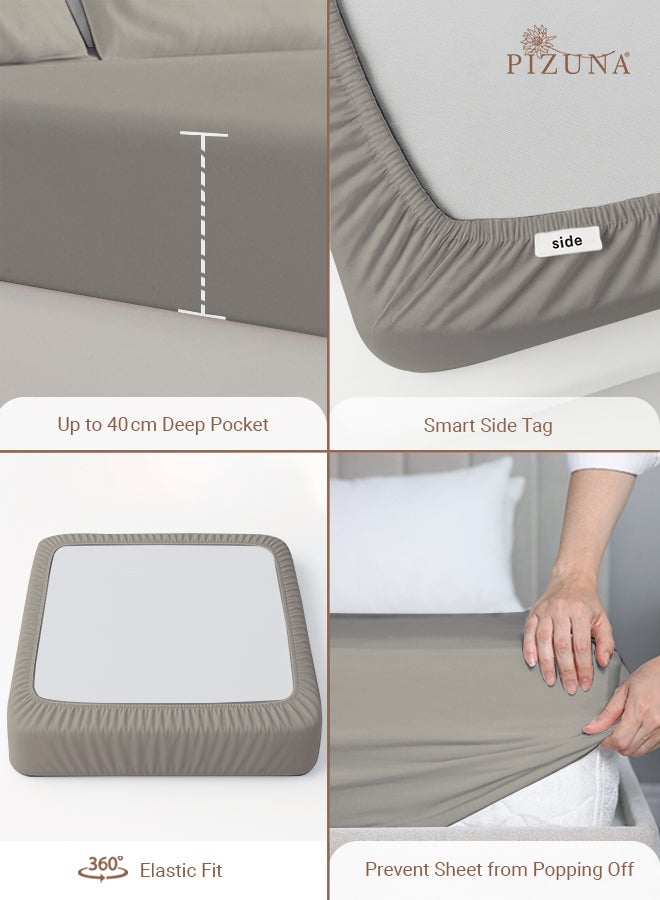 PIZUNA Pure 100% Cotton Twin Fitted Bed Sheet 120x200 cm Silver, 400 Thread Count Cool Luxury Soft Long Staple Cotton Sateen Weave, Deep Pocket Bedsheet Fits 40cm (Fitted Sheet -1PC) - Image 4