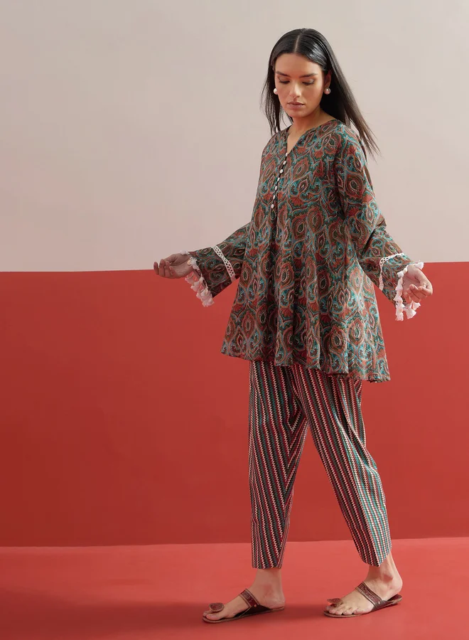 Sassafras Green Floral Choga Kurta with Salwar Set