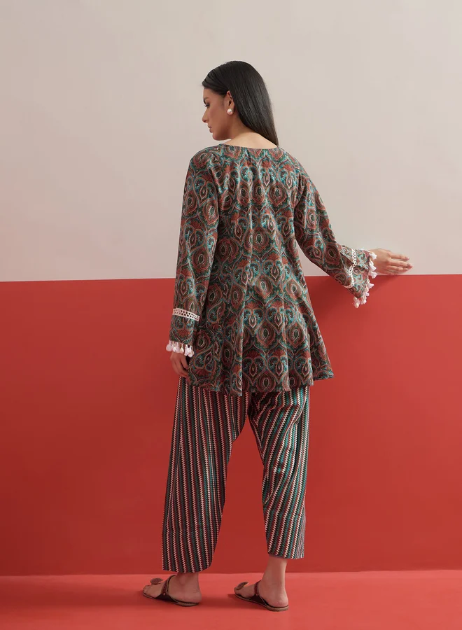 Sassafras  Green Floral Choga Kurta with Salwar Set for Women | Best Price UAE