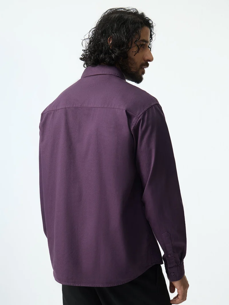 The Souled Store  The Souled Store: Valour Men and Boys Long Sleeve Spread Collar Purple Solid Cotton Relaxed Shirt  | Best Price UAE