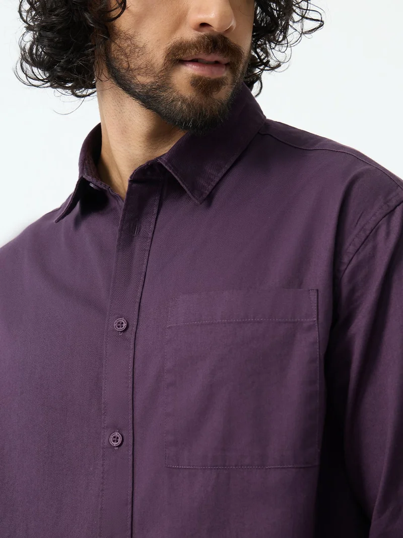 The Souled Store The Souled Store: Valour Men and Boys Long Sleeve Spread Collar Purple Solid Cotton Relaxed Shirt
