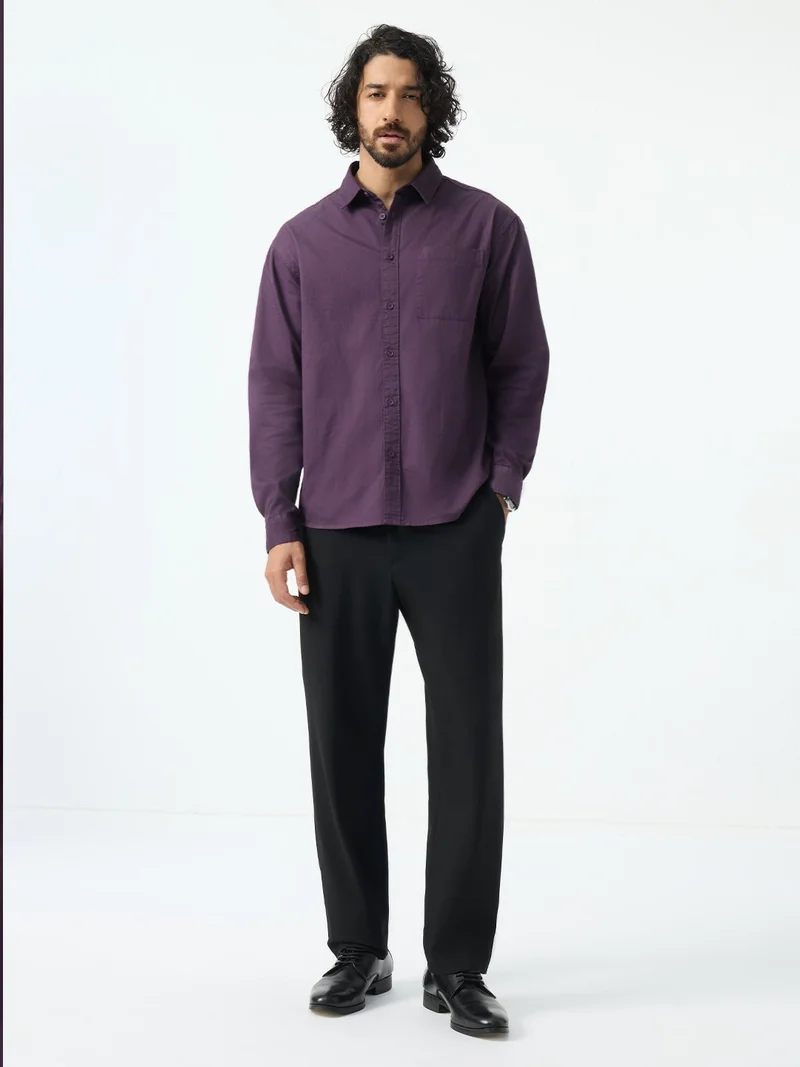 The Souled Store  The Souled Store: Valour Men and Boys Long Sleeve Spread Collar Purple Solid Cotton Relaxed Shirt  | Best Price UAE