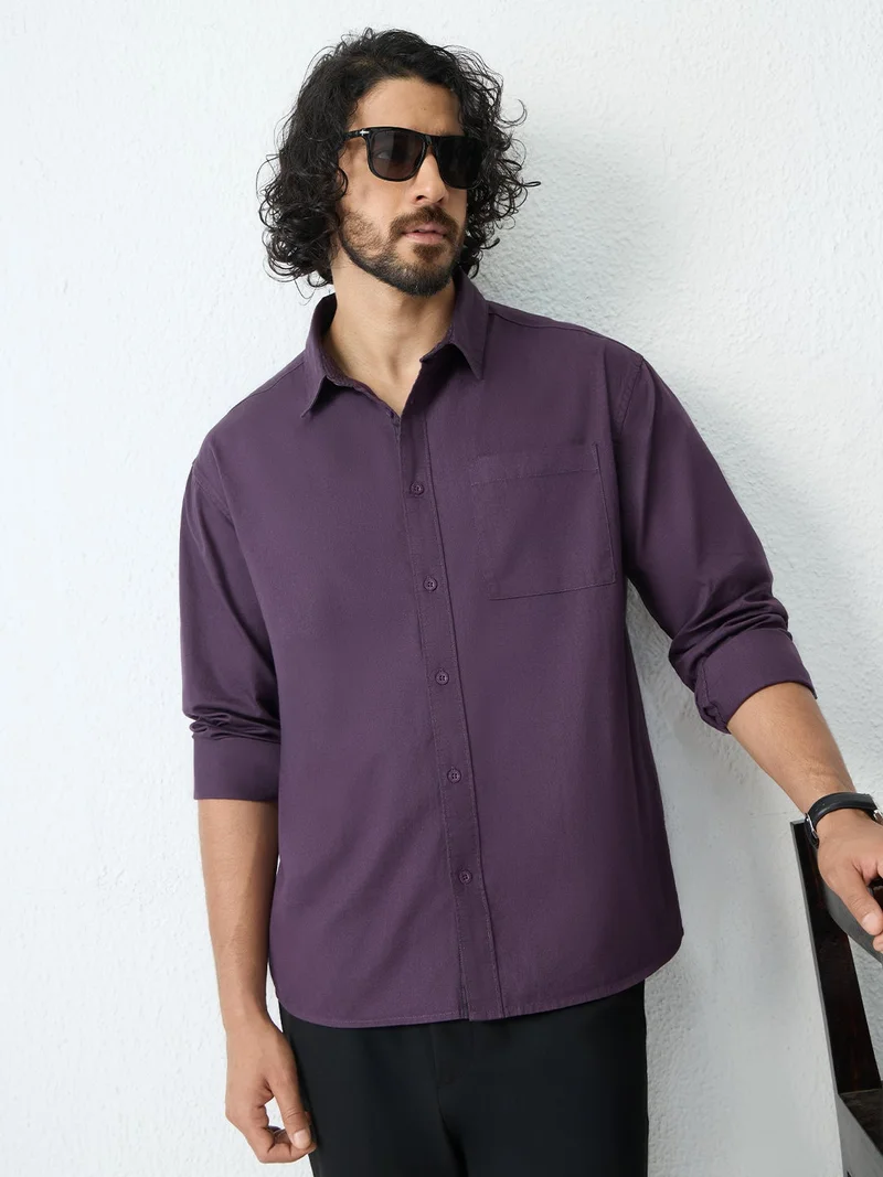 The Souled Store The Souled Store: Valour Men and Boys Long Sleeve Spread Collar Purple Solid Cotton Relaxed Shirt
