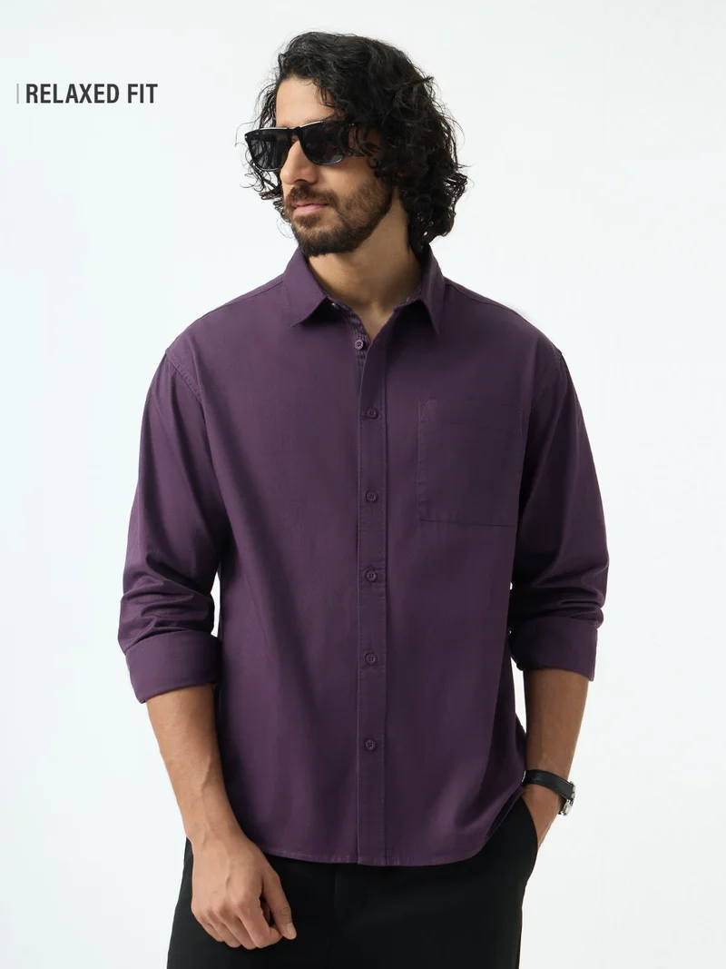 The Souled Store  The Souled Store: Valour Men and Boys Long Sleeve Spread Collar Purple Solid Cotton Relaxed Shirt  | Best Price UAE