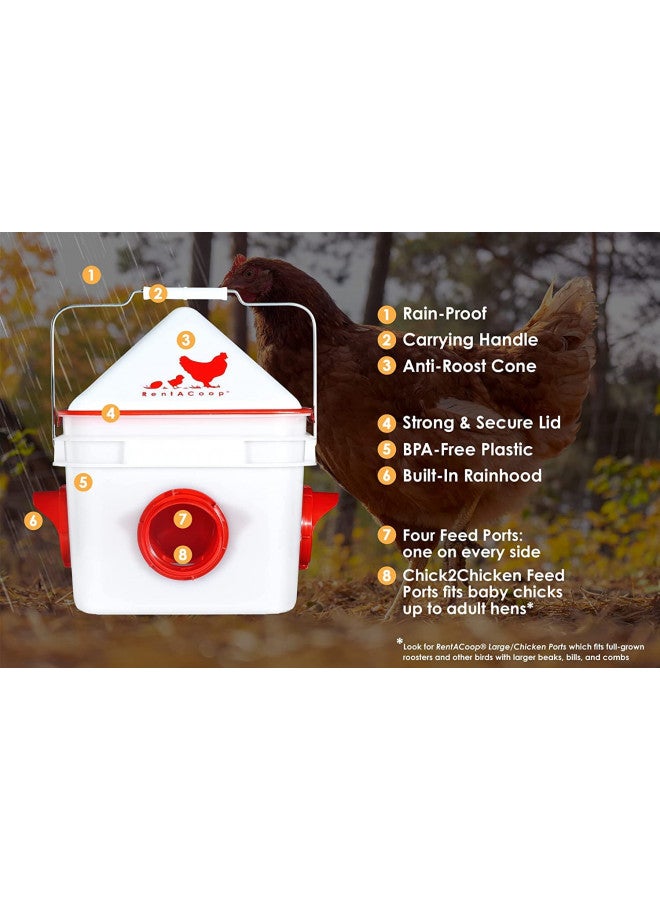 RentACoop Chick2Chicken 10lb BPA-Free 4-Port Feeder - Includes Anti-Roost Cone, Slider Port Cover, and Lid - Suitable for up to 20 Chicks & 12 Adult Chickens - Image 3