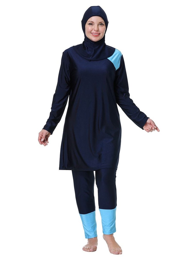 Loquat Big Size 3-Piece Swimwear Set Conservative Style Long Sleeve Burkinis Swimsuit Set Navy Black/Sky Blue  - Image 1
