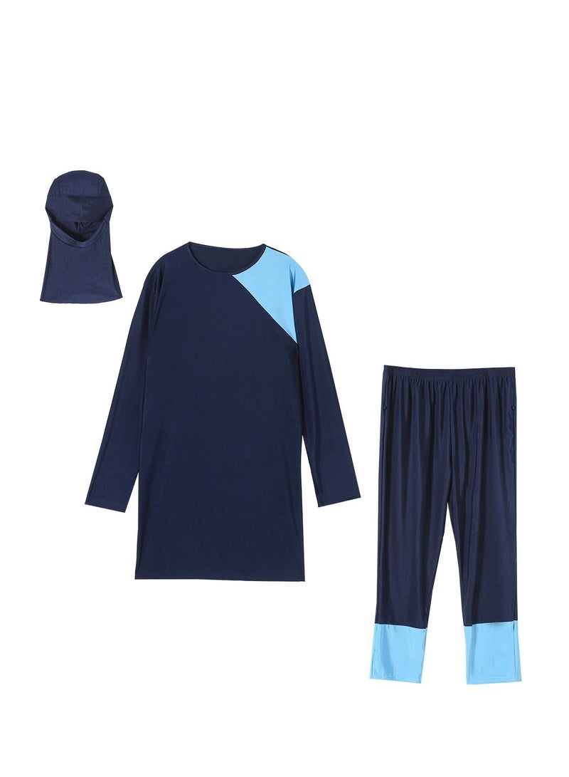 Loquat Big Size 3-Piece Swimwear Set Conservative Style Long Sleeve Burkinis Swimsuit Set Navy Black/Sky Blue  - Image 2