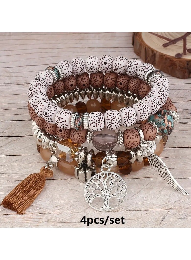 Goolsky 4 قطع / مجموعة سوار يدوي بوهيمي، قلادة أجنحة ريش شجرة الحياة، سوار يدوي مزدوج للجنسين بتعليق - Image 1