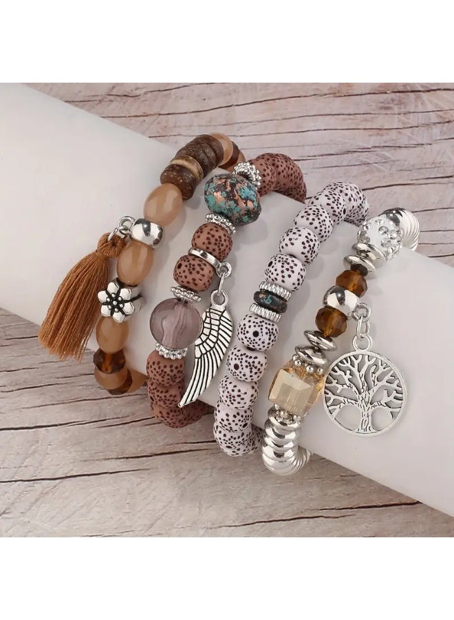 Goolsky 4 قطع / مجموعة سوار يدوي بوهيمي، قلادة أجنحة ريش شجرة الحياة، سوار يدوي مزدوج للجنسين بتعليق - Image 2