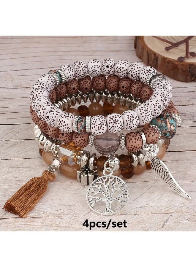 Goolsky 4 قطع / مجموعة سوار يدوي بوهيمي، قلادة أجنحة ريش شجرة الحياة، سوار يدوي مزدوج للجنسين بتعليق - Image 4