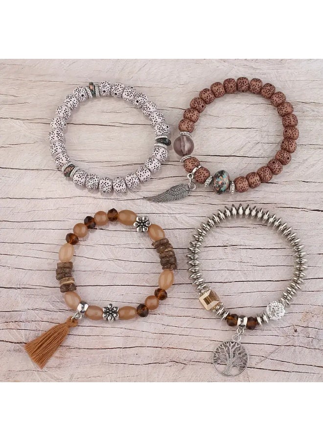 Goolsky 4 قطع / مجموعة سوار يدوي بوهيمي، قلادة أجنحة ريش شجرة الحياة، سوار يدوي مزدوج للجنسين بتعليق - Image 3