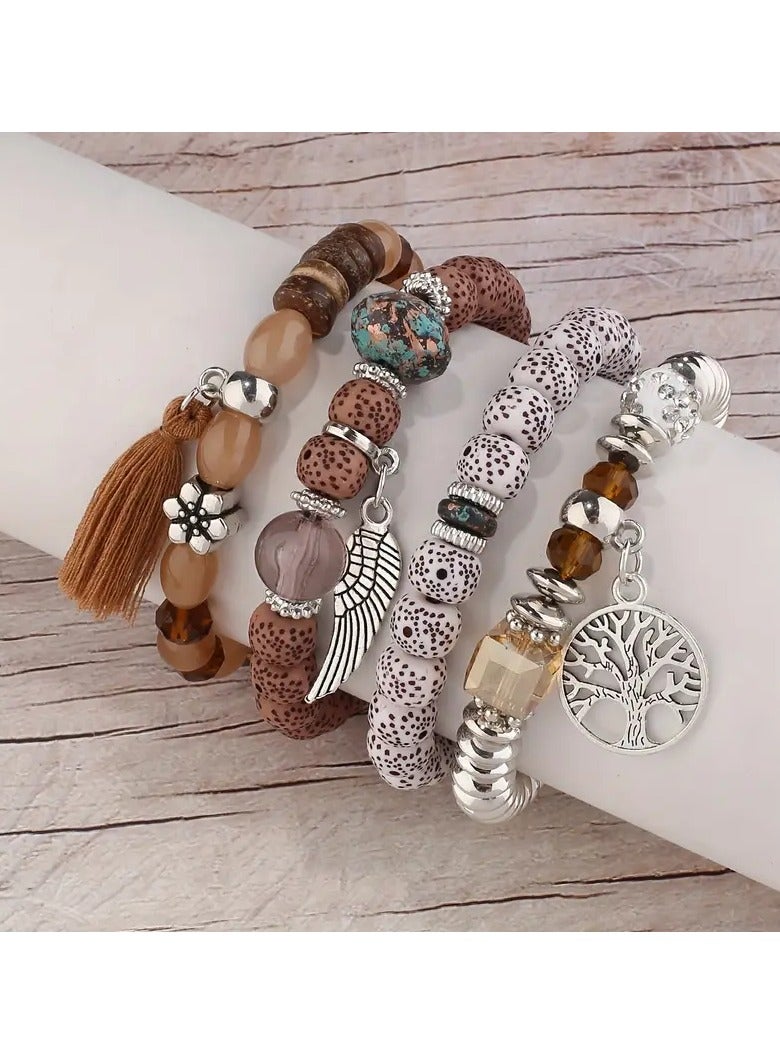 Goolsky 4 قطع / مجموعة سوار يدوي بوهيمي، قلادة أجنحة ريش شجرة الحياة، سوار يدوي مزدوج للجنسين بتعليق - Image 5