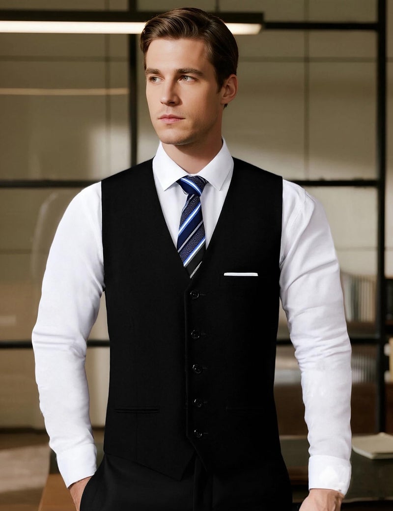 Fashonal Men's Suit Vest Business Formal Dress Vest for Men Slim Fit Waistcoat Black XL - Image 5