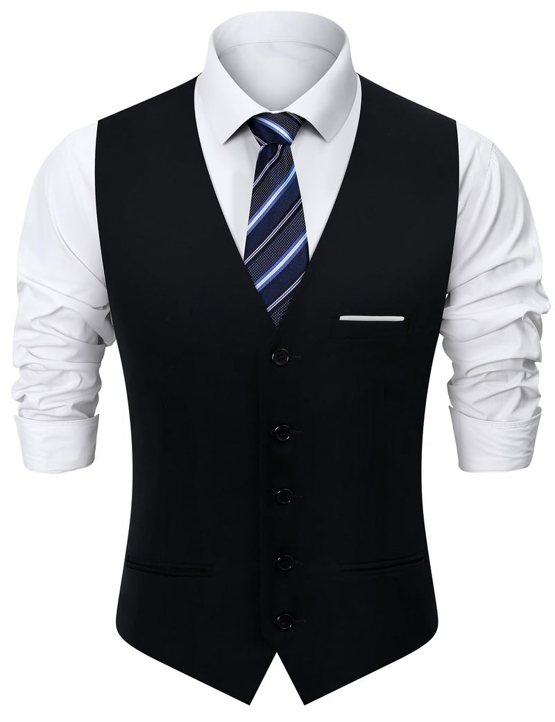 Fashonal Men's Suit Vest Business Formal Dress Vest for Men Slim Fit Waistcoat Black XL - Image 1