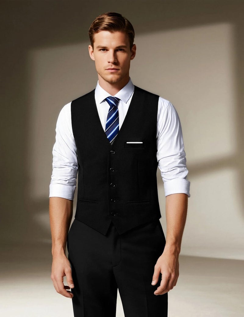 Fashonal Men's Suit Vest Business Formal Dress Vest for Men Slim Fit Waistcoat Black XL - Image 4
