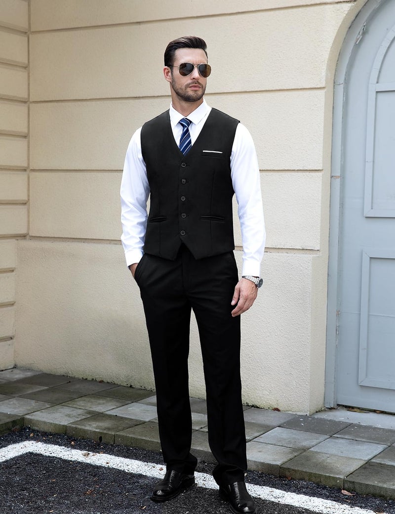 Fashonal Men's Suit Vest Business Formal Dress Vest for Men Slim Fit Waistcoat Black XL - Image 3