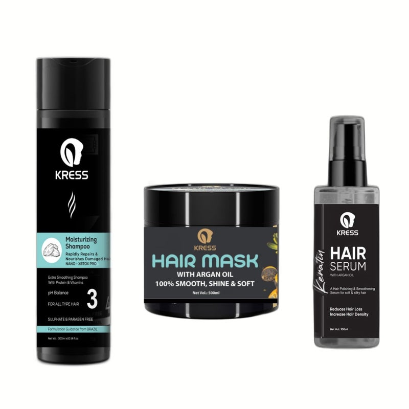 Kress Moisturizing Hair Shampoo Argan Mask Hair Serum for Frizz Free Smooth Shiny Healthy Hair 3 Steps Hair Care Combo Set - Image 1