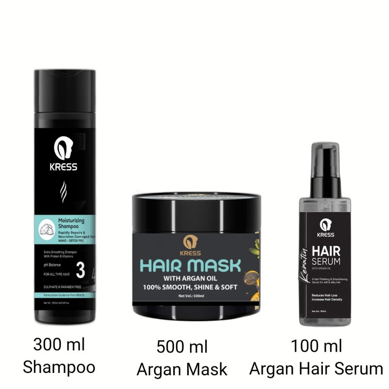 Kress Moisturizing Hair Shampoo Argan Mask Hair Serum for Frizz Free Smooth Shiny Healthy Hair 3 Steps Hair Care Combo Set - Image 2