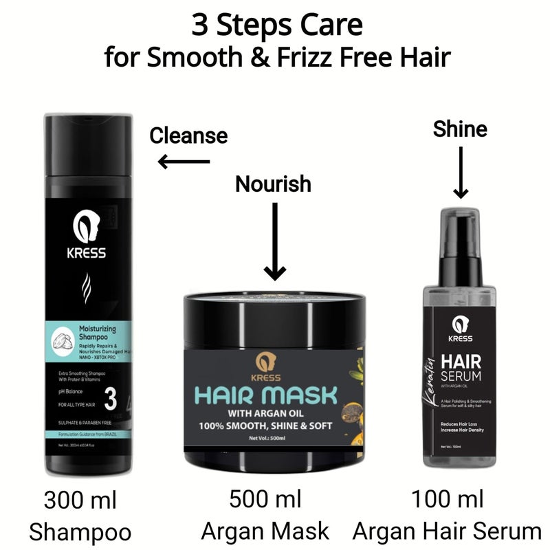 Kress Moisturizing Hair Shampoo Argan Mask Hair Serum for Frizz Free Smooth Shiny Healthy Hair 3 Steps Hair Care Combo Set - Image 3