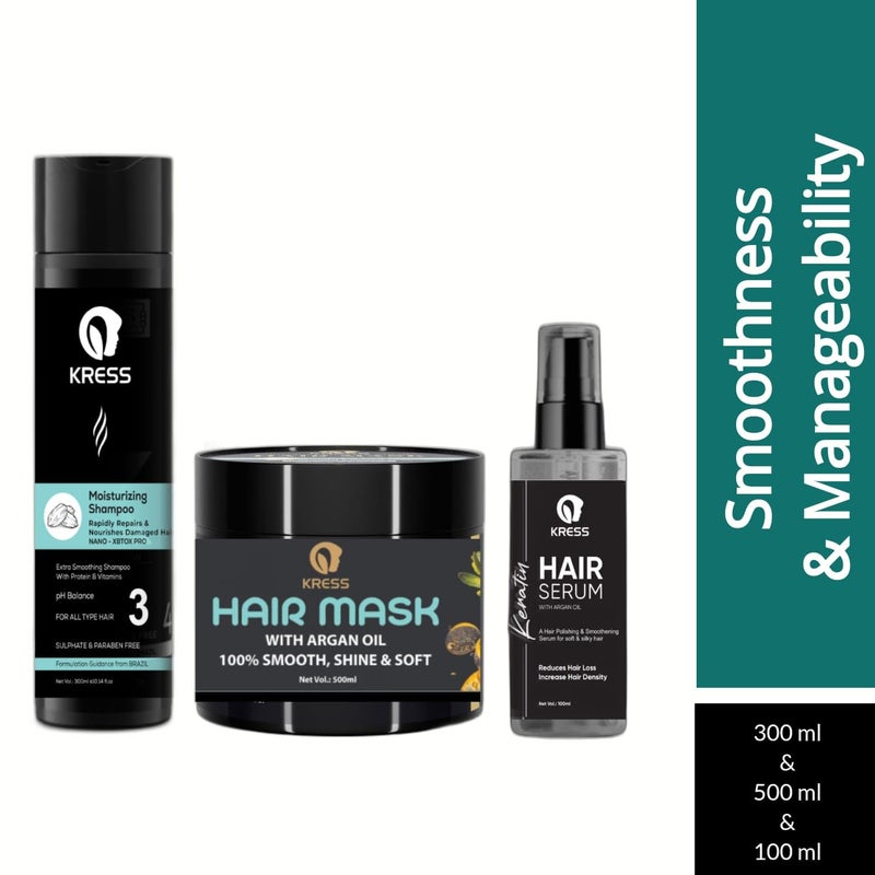 Kress Moisturizing Hair Shampoo Argan Mask Hair Serum for Frizz Free Smooth Shiny Healthy Hair 3 Steps Hair Care Combo Set - Image 4
