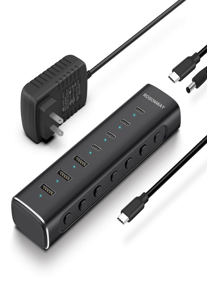 موزع USB 3.2/USB-C من Rosonway بسبعة منافذ، بسرعة 10 جيجابت في الثانية، مزود بأربعة منافذ USB-C 3.2 وثلاثة منافذ USB-A 3.2، وكابل بطول 1.0 متر، ومحول طاقة بقدرة 36 واط (12 فولت/3 أمبير)، مصنوع من الألومنيوم، مناسب لأجهزة الكمبيوتر المحمولة، RSH-H7C4 - Image 1