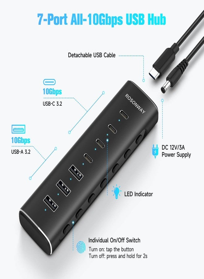 موزع USB 3.2/USB-C من Rosonway بسبعة منافذ، بسرعة 10 جيجابت في الثانية، مزود بأربعة منافذ USB-C 3.2 وثلاثة منافذ USB-A 3.2، وكابل بطول 1.0 متر، ومحول طاقة بقدرة 36 واط (12 فولت/3 أمبير)، مصنوع من الألومنيوم، مناسب لأجهزة الكمبيوتر المحمولة، RSH-H7C4 - Image 2