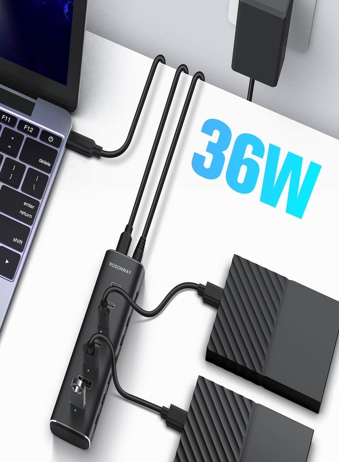 موزع USB 3.2/USB-C من Rosonway بسبعة منافذ، بسرعة 10 جيجابت في الثانية، مزود بأربعة منافذ USB-C 3.2 وثلاثة منافذ USB-A 3.2، وكابل بطول 1.0 متر، ومحول طاقة بقدرة 36 واط (12 فولت/3 أمبير)، مصنوع من الألومنيوم، مناسب لأجهزة الكمبيوتر المحمولة، RSH-H7C4 - Image 4