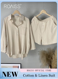 roaiss Women's Summer Two Pieces Set Solid Color Lapel Cotton Linen Shirt High-Waisted Shorts Set 2 Piece Lounge Set Button Down Long Sleeve Shirt + Stretchy Waist Shorts Loungewear  - Image 1
