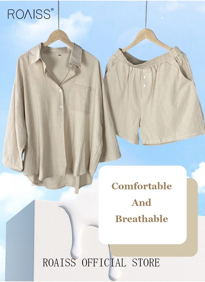 roaiss - Women's Summer Two Pieces Set Solid Color Lapel Cotton Linen Shirt High-Waisted Shorts Set 2 Piece Lounge Set Button Down Long Sleeve Shirt + Stretchy Waist Shorts Loungewear - Image 1